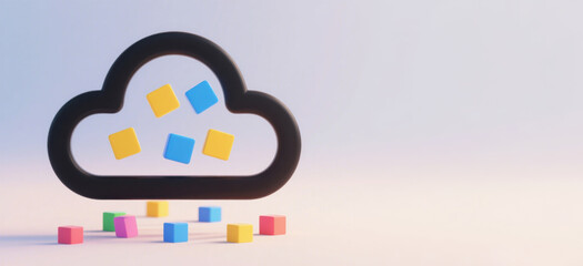 Minimalist cloud icon with black outline & white interior, surrounded by blue/yellow/pink/green cubes on light gradient background - modern tech aesthetic for data/cloud concepts.