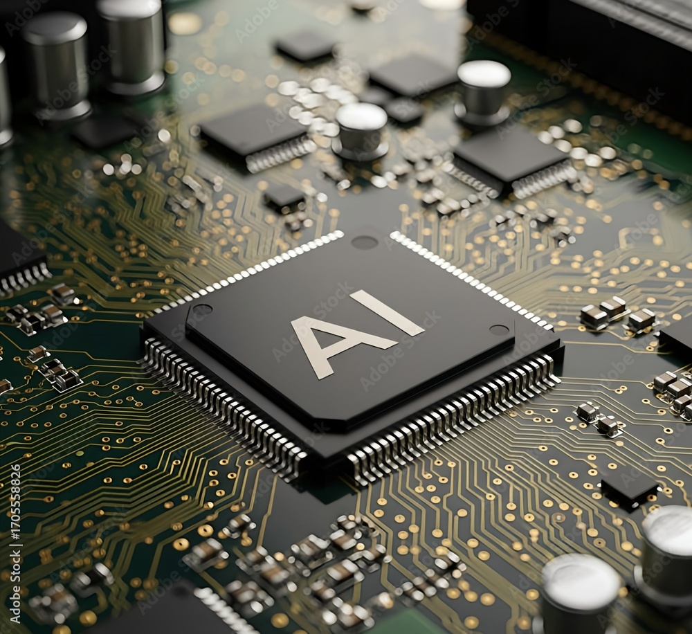 Poster motherboard with ai written on it. concept ai (artificial intelligence) technology, chip ic on pcb, 