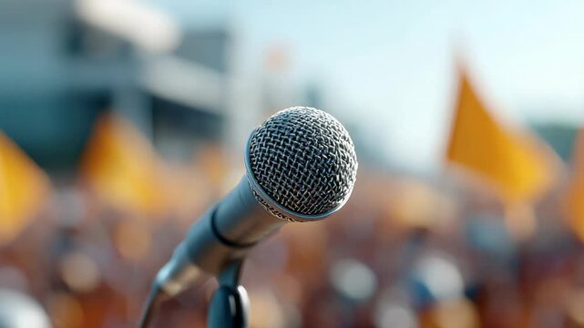 Microphone stands ready, blurred crowd and protest signs visible in the background, suggesting an impending speech at an immigration rights rally