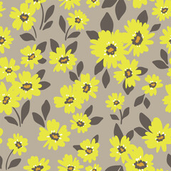 Obraz premium Seamless floral pattern, artistic ditsy tile of yellow flowers in retro motif. Simple cute botanical design of small hand drawn plants, tiny buds, leaves. Liberty print, vector illustration.