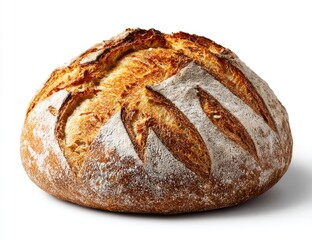 Round artisan loaf of sourdough bread, light brown crust,  with a  deep,  decorative pattern