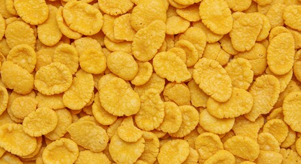Golden corn flakes texture background close up view of crispy cereal pieces