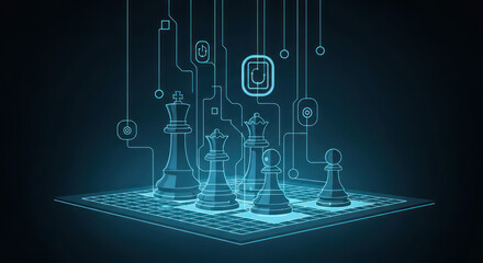 Digital chessboard with glowing chess pieces and circuit board elements, symbolizing technological strategy.