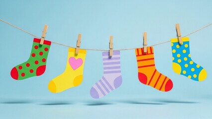 Colorful socks hanging on clothesline kids clothing laundry and playful design
