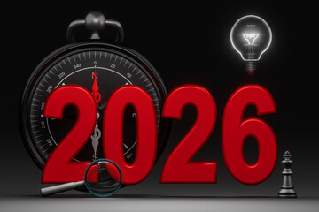 The number 2026 represents the start of the year. The magnifying glass represents searching. The light bulb represents ideas. The chess board represents planning. The compass represents direction.
