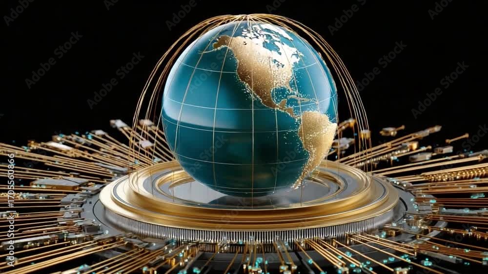 Poster global connection: a stunning 3d render of the earth, intricately detailed and illuminated, sits ato