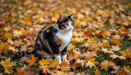 Calico Cat Amidst Autumn Leaves
