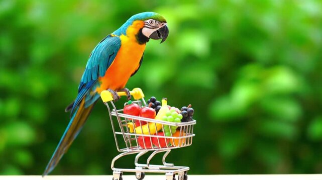 Colorful macaw parrot pushing shopping cart filled with fresh fruit against lush green background