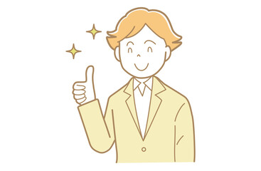 サムズアップをするスーツにノーネクタイで若い男性のイラスト