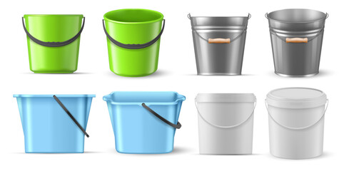 Plastic and metal buckets for house chores and duties. Vector isolated realistic polymer and metallic containers collection with carrying handles. Gardening equipment or household tools. © Sensvector