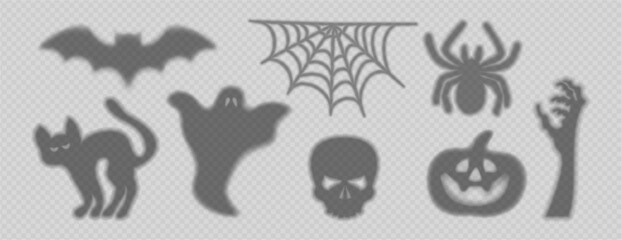 Spooky Halloween set with realistic shadows. Vector spider and webs, black cat and skull, zombie hand and carved pumpkin, ghost and bats. Eerie atmosphere for horror themes and festive decorations