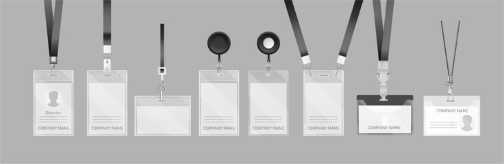 Lanyard ID cards with different designs and holders. Vector realistic permits mockup for corporate branding, business identity presentation or event management. Horizontal and vertical badges