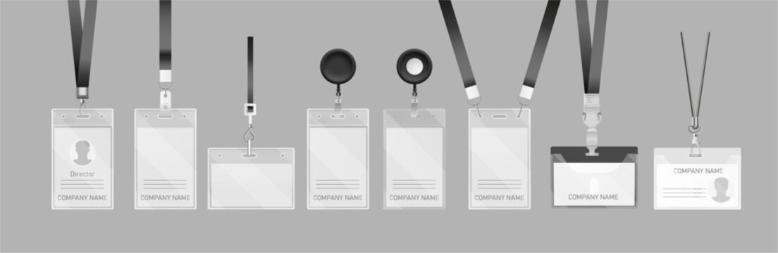 Lanyard ID cards with different designs and holders. Vector realistic permits mockup for corporate branding, business identity presentation or event management. Horizontal and vertical badges