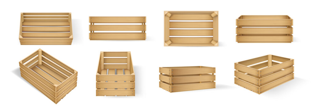 Empty wooden boxes in realistic style. Vector isolated crates set, views from side, bottom and up. Rectangular shaped storages and packaging. Wood crates for tools and books, gifts or food products
