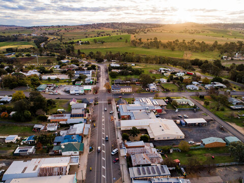 Aerial view of intersection of roads in country town of Merriwa in New South Wales Australia