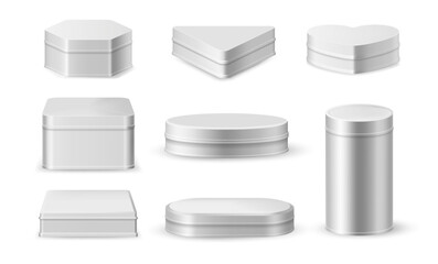 Metal boxes collection, food containers in different geometric forms. Vector realistic triangle and heart, hexagon and square, oval and ellipse, cylinder and rectangular shaped storages with lids