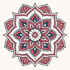 Vector art of elegant mandala illustration with a harmonious blend of pink, teal, and white, showcasing intricate floral and geometric patterns