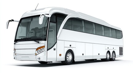 White tour bus, full shot, isolated