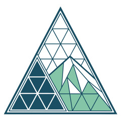 Vector art of geometric mountain logo featuring a triangle shape with mountain peaks and a forest, creating a modern and minimalist design for outdoor brands