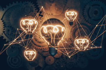 A glowing light bulb at the center surrounded by gears and connected by lines represents inspiration, ideas, innovative technology, and interconnected networks.