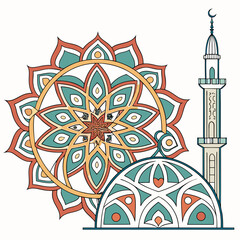 Vector art of hand drawn mosque illustration with mandala, showcasing intricate architectural details and artistic flair, ideal for cultural and religious themes