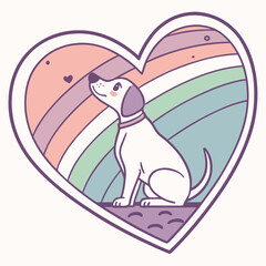 Vector art of heartshaped illustration with a dog and rainbow, radiating love and warmth, a symbol of happiness, loyalty, and colorful joy