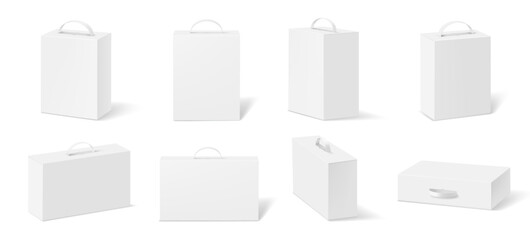 Closed cardboards with handle, isolated realistic mockups. Vector gable boxes set. Takeaway carton templates for branding, label placement and logo customization. Retail packaging or carry pack