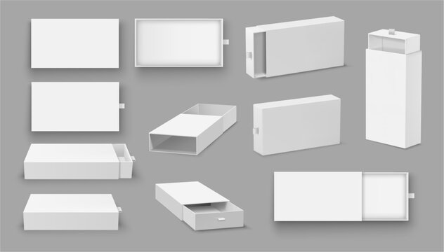 Slide boxes with holders mockups set. Vector isolated containers with removable sliding cover, various points of view. Gift packaging and cosmetics, jewelry or accessories drawers templates