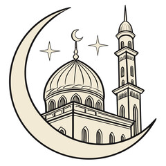 Vector art of mosque building with crescent moon hand drawn vector illustration of a mosque with crescent moon and stars islamic design element
