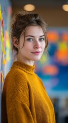 Obraz premium Portrait of a young woman with fair skin, blue eyes, and an amber sweater, she stands near a wall with colorful sticky notes and looks directly into the camera with a warm smile.