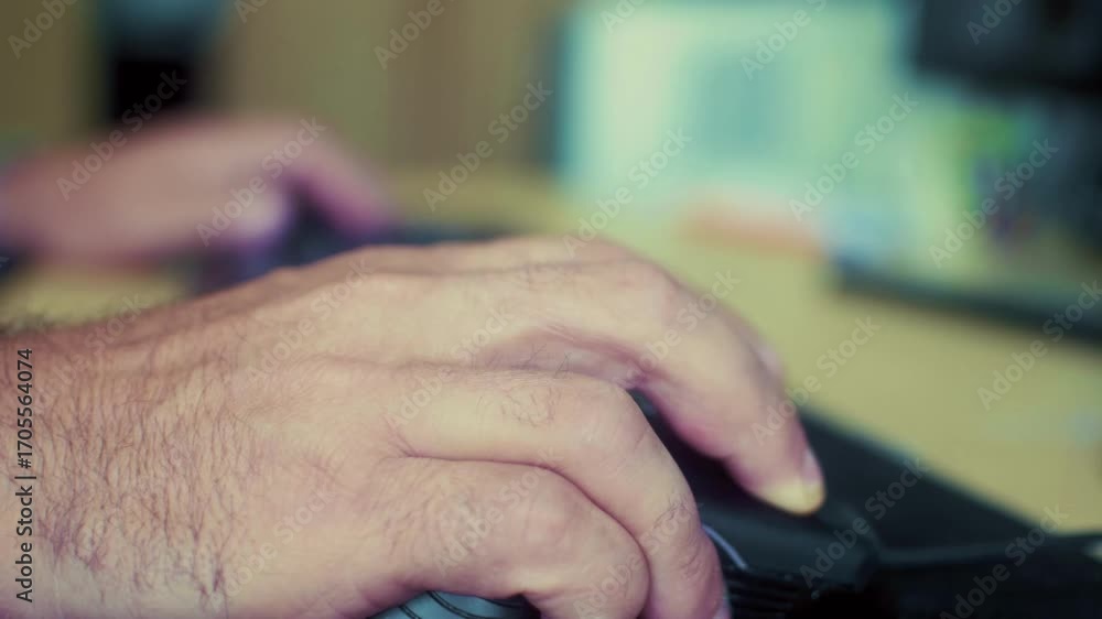 Poster close-up of a hand using a computer mouse. the human hand holds and interacts with the mouse. the ba