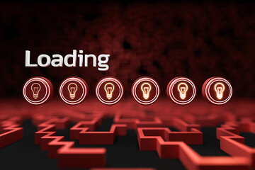 A button with a light bulb symbol that lights up step-by-step, with "loading" at the top, represents progression, inspiration, business, and ideas.