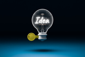A light bulb with "idea" at its center and a key unlocking from the side represents the key to success, intelligence, and achievement.