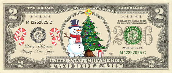 Cartoon comical game holiday banknote, denomination of 2 US dollars. Obverse. Toon snowman in top hat and scarf, spruce. Merry Christmas and Happy New Year. 2026. Illustration