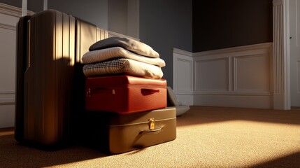 Travel Essentials Packed for Adventure: Stacked Luggage & Neatly Organized Clothes in Golden Hour Light