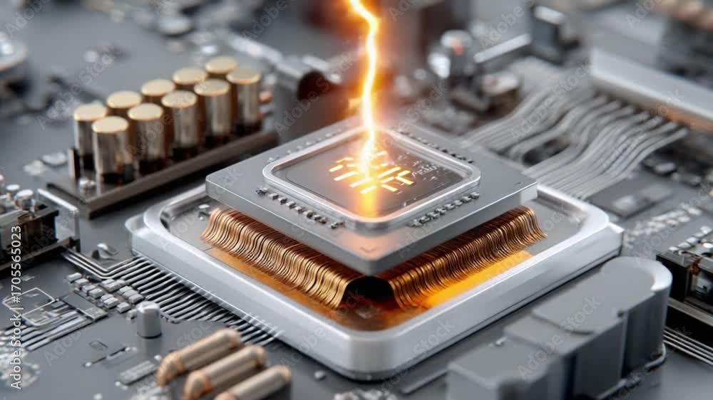 Poster microchip's power surge: the intricately detailed microchip with a lightning bolt, showcasing cuttin