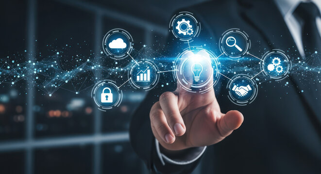 A businessman's hand interacts with glowing digital icons representing cloud computing, security, analytics, and business processes.