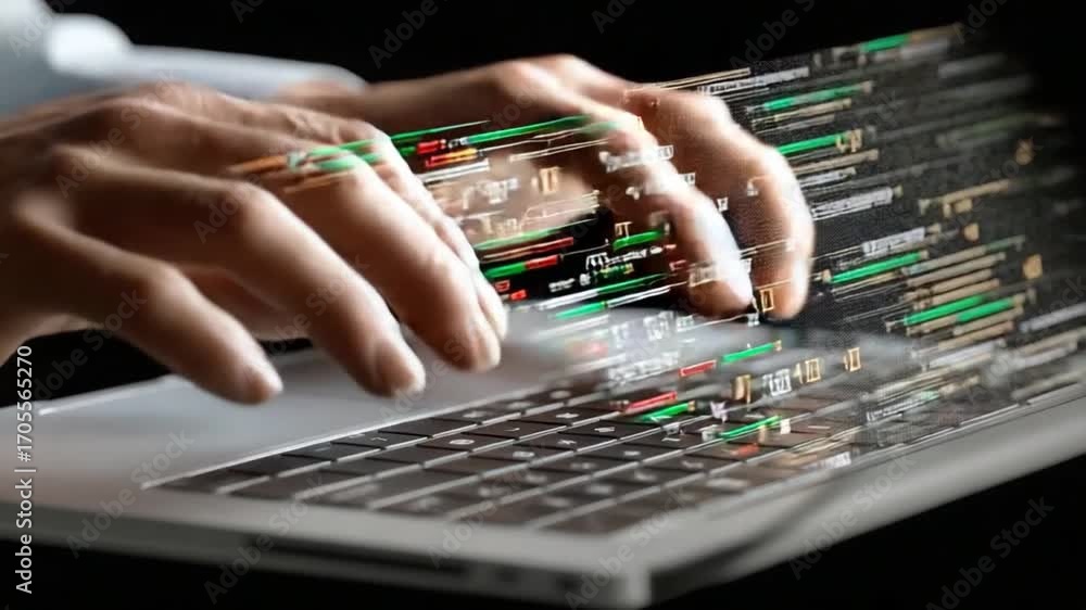 Aufkleber coding in action: captivating shot of hands expertly navigating a laptop keyboard, while digital cod