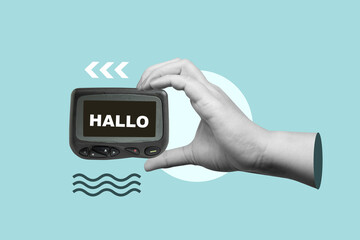 Human hand holding a pager with the text of Hello on the screen. Collage art of Pager