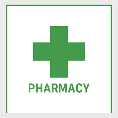 Obraz premium Green cross symbol indicating a pharmacy, with the word PHARMACY clearly displayed below it
