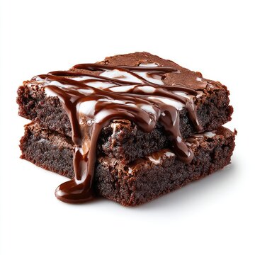 Two brownies stacked, drizzled with melted chocolate