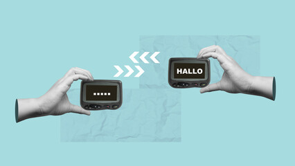 Human hand holding a pager with the text of Hello on the screen. Collage art of Pager