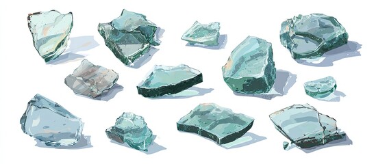 Naklejka premium Shattered glass fragments, light teal hues, various shapes and sizes, depicted against a white background