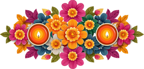 Festive Diwali decoration with colorful flower and warm lit candle
