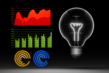 A light bulb with graphs and charts represents ideas, business operations, marketing, planning, and data analysis.
