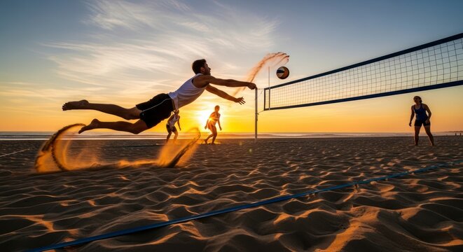 Athletic Man Diving for Volleyball on Sandy Beach at Sunset