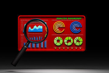A magnifying glass with graphs and charts represents ideas, business operations, marketing, planning, and data analysis.