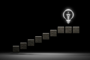 A glowing light bulb at the top with ascending stairs represents self-improvement, critical thinking, learning, strategic planning, and achieving success.