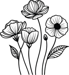 Black and white outline illustration of blooming poppies and leaves poppy flower