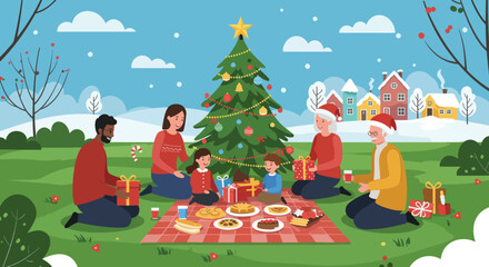 Festive Family Gathering Around Decorated Christmas Tree, Celebrating Outdoors.